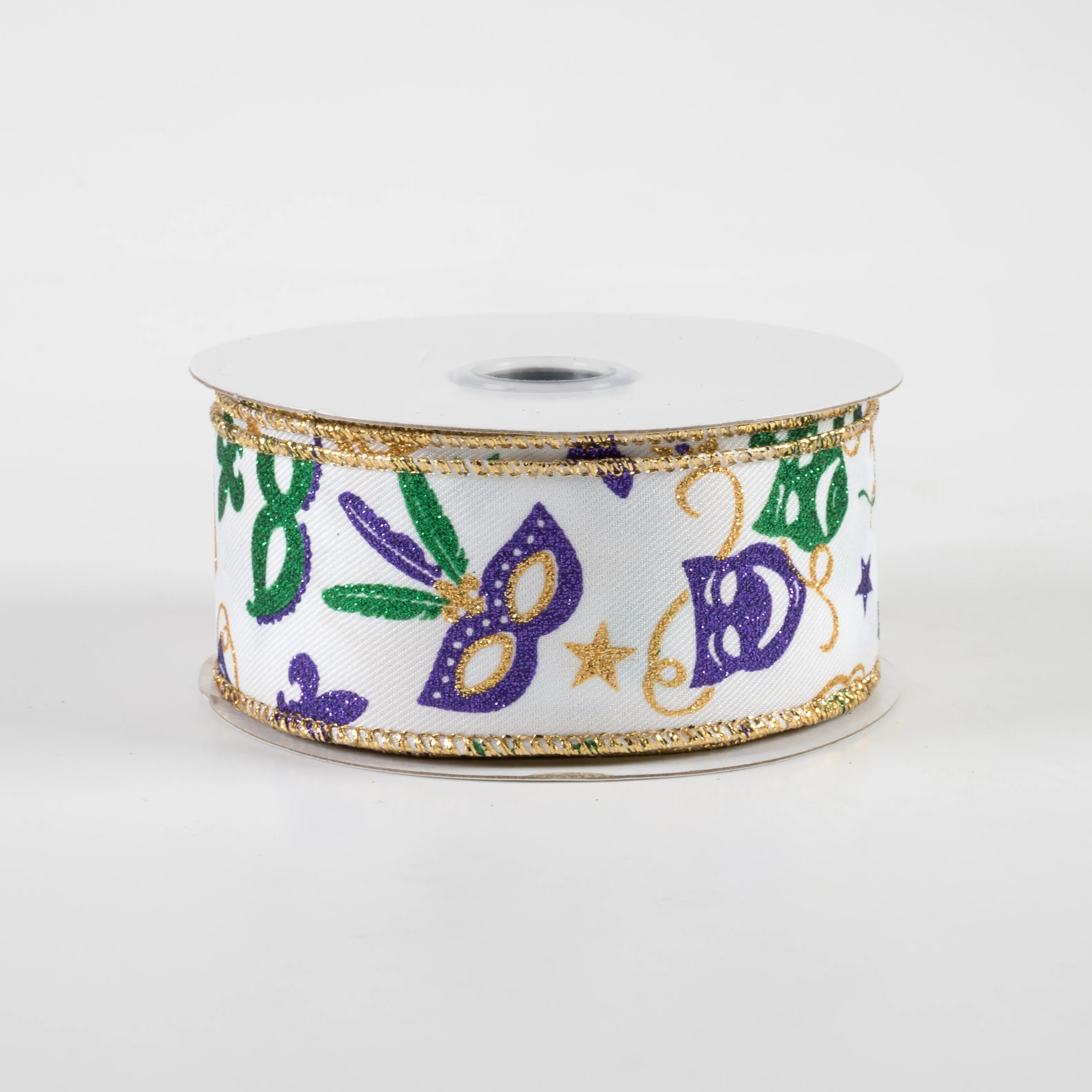 1.5" Mardi Gras Pattern Ribbon: White, Purple, Gold, Emerald (10 Yards)