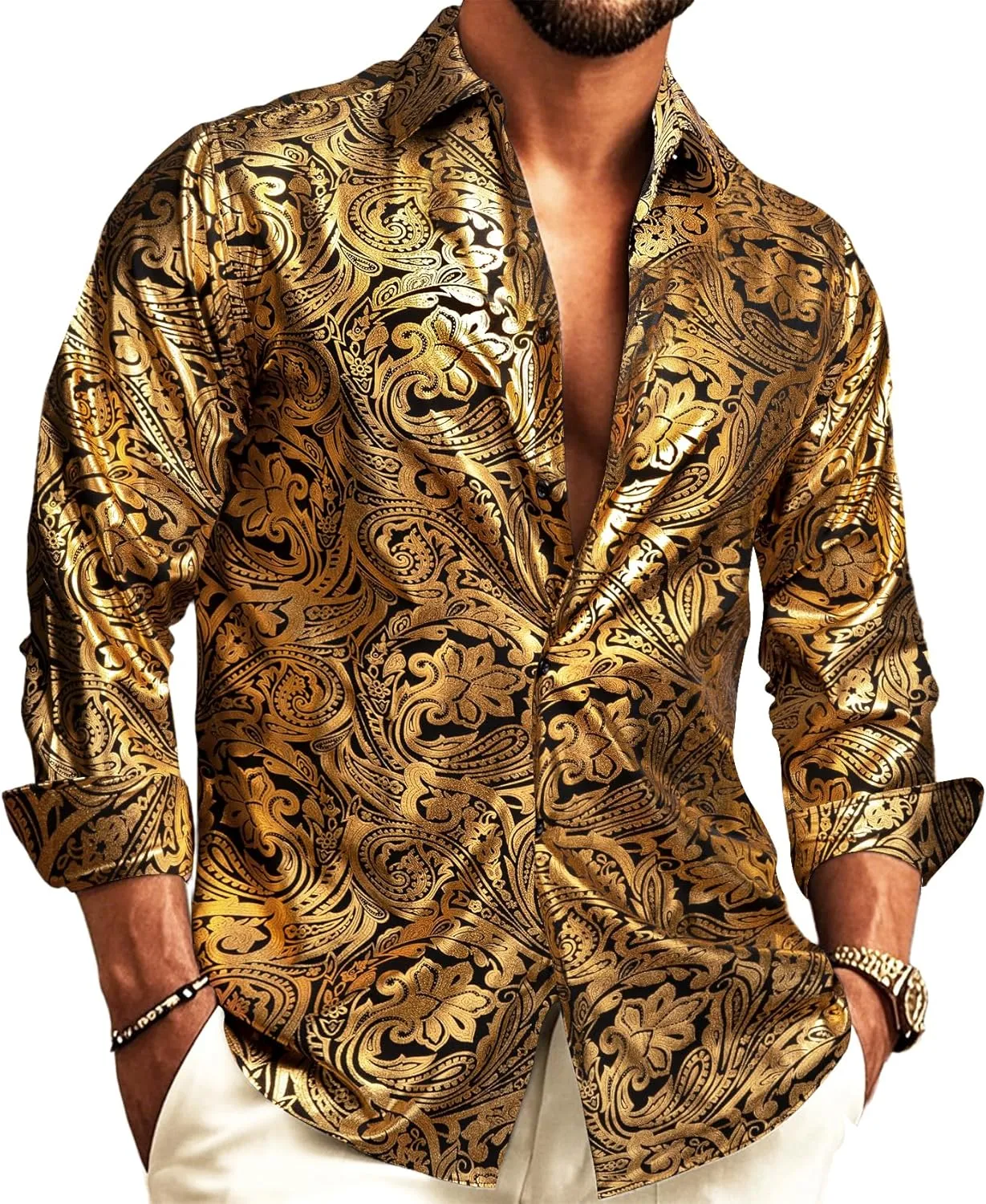 Barry.Wang Men's Disco Dress Shirt Long Sleeve Nightclub Mexico Paisley Floral Shirts Metallic Gothic Shiny Button Down Shirt