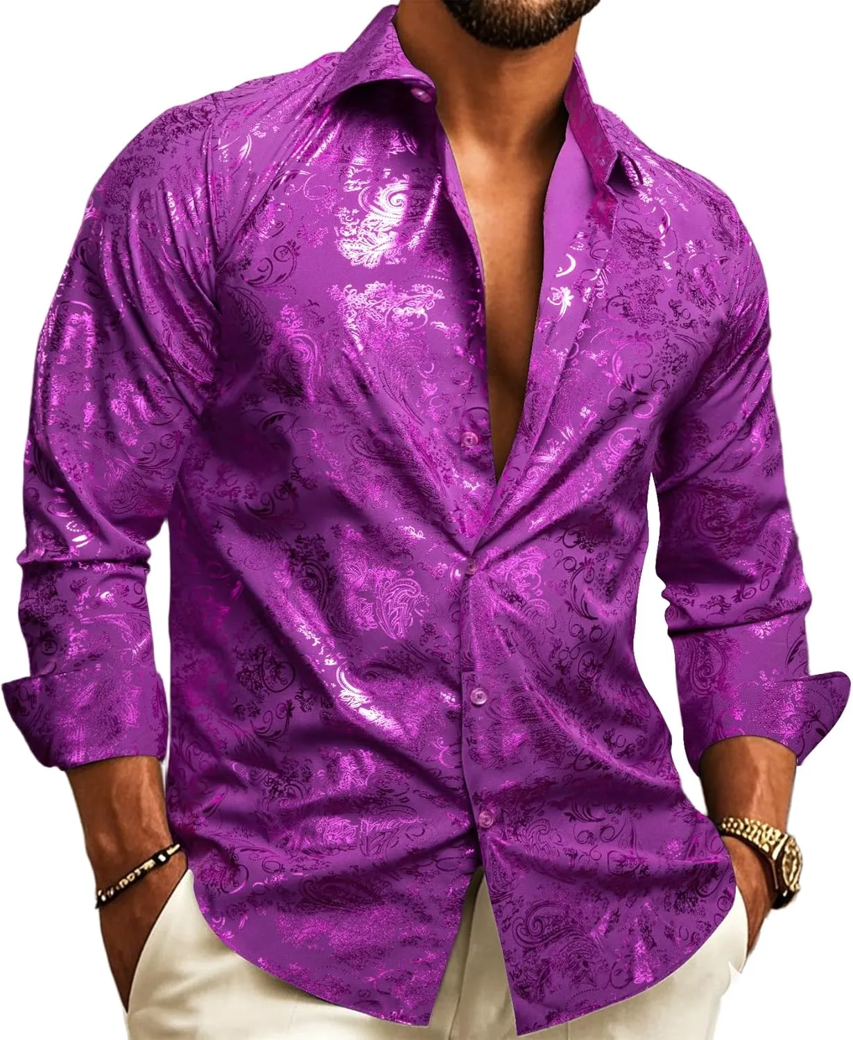 Barry.Wang Men's Disco Dress Shirt Long Sleeve Nightclub Mexico Paisley Floral Shirts Metallic Gothic Shiny Button Down Shirt