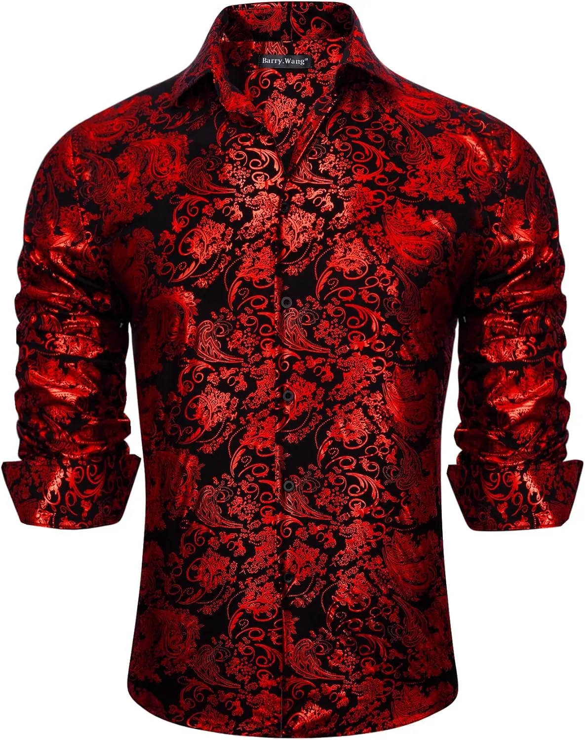Barry.Wang Men's Disco Dress Shirt Long Sleeve Nightclub Mexico Paisley Floral Shirts Metallic Gothic Shiny Button Down Shirt