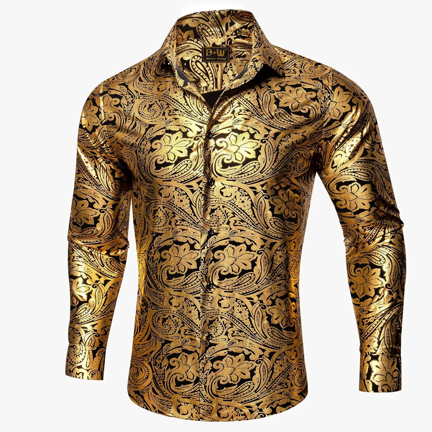 Barry.Wang Men's Disco Dress Shirt Long Sleeve Nightclub Mexico Paisley Floral Shirts Metallic Gothic Shiny Button Down Shirt