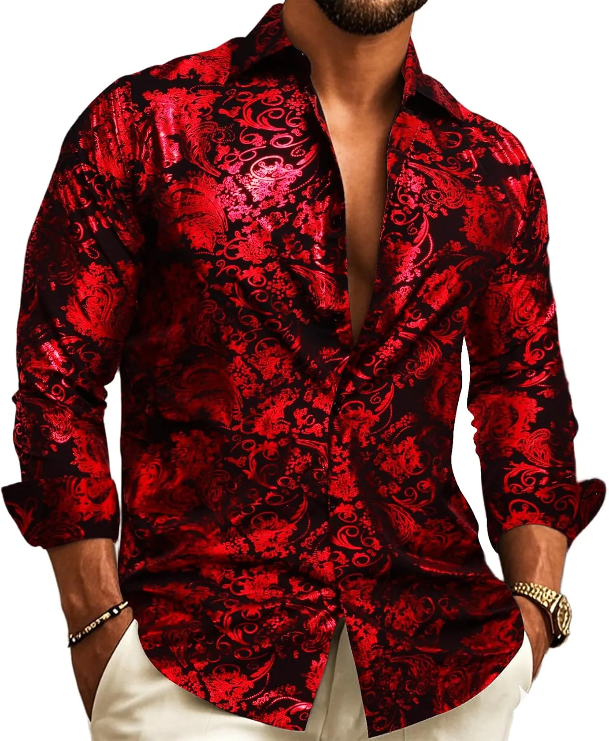 Barry.Wang Men's Disco Dress Shirt Long Sleeve Nightclub Mexico Paisley Floral Shirts Metallic Gothic Shiny Button Down Shirt