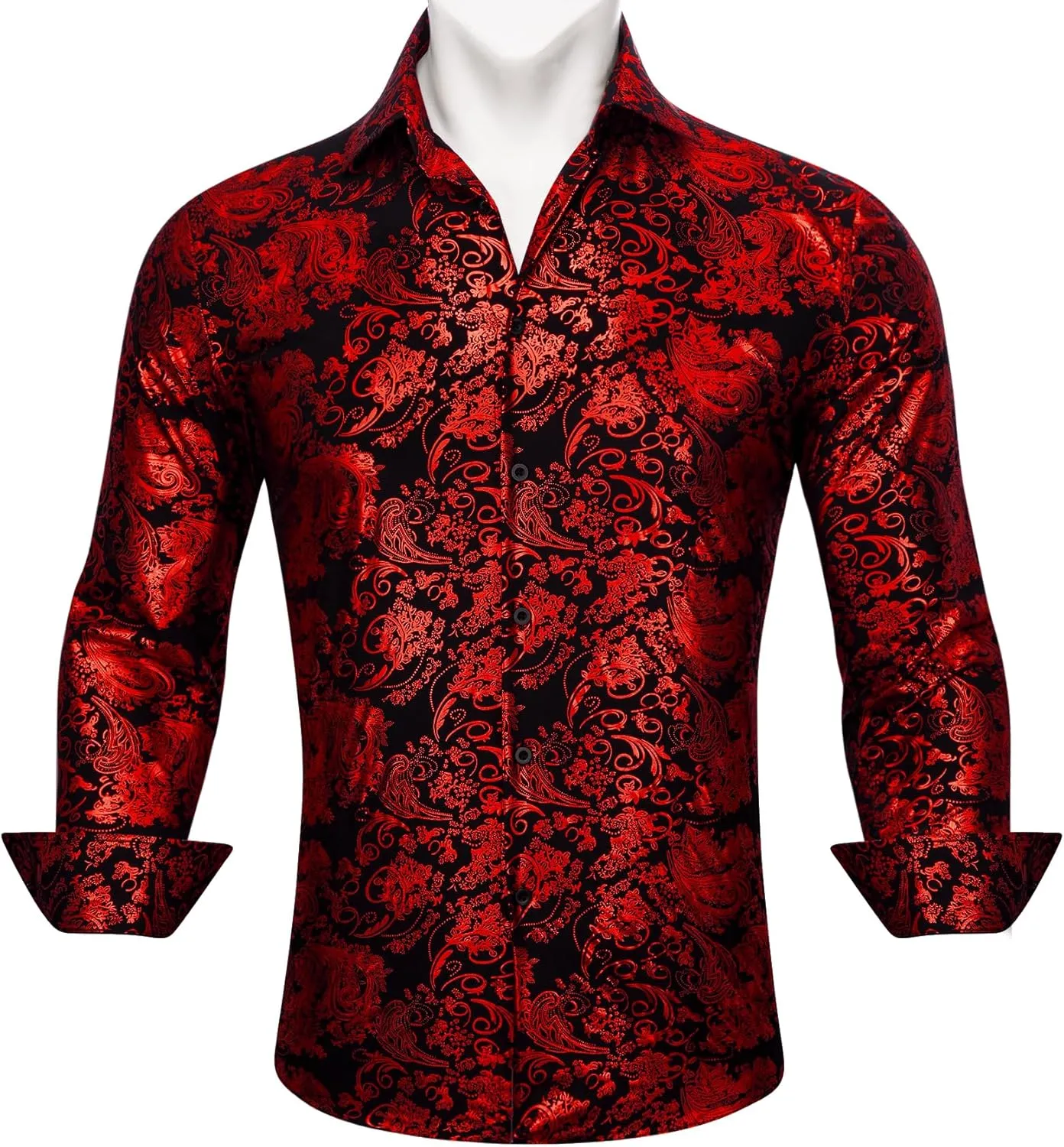Barry.Wang Men's Disco Dress Shirt Long Sleeve Nightclub Mexico Paisley Floral Shirts Metallic Gothic Shiny Button Down Shirt