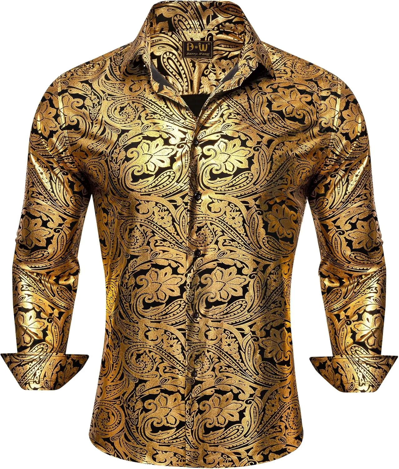 Barry.Wang Men's Disco Dress Shirt Long Sleeve Nightclub Mexico Paisley Floral Shirts Metallic Gothic Shiny Button Down Shirt