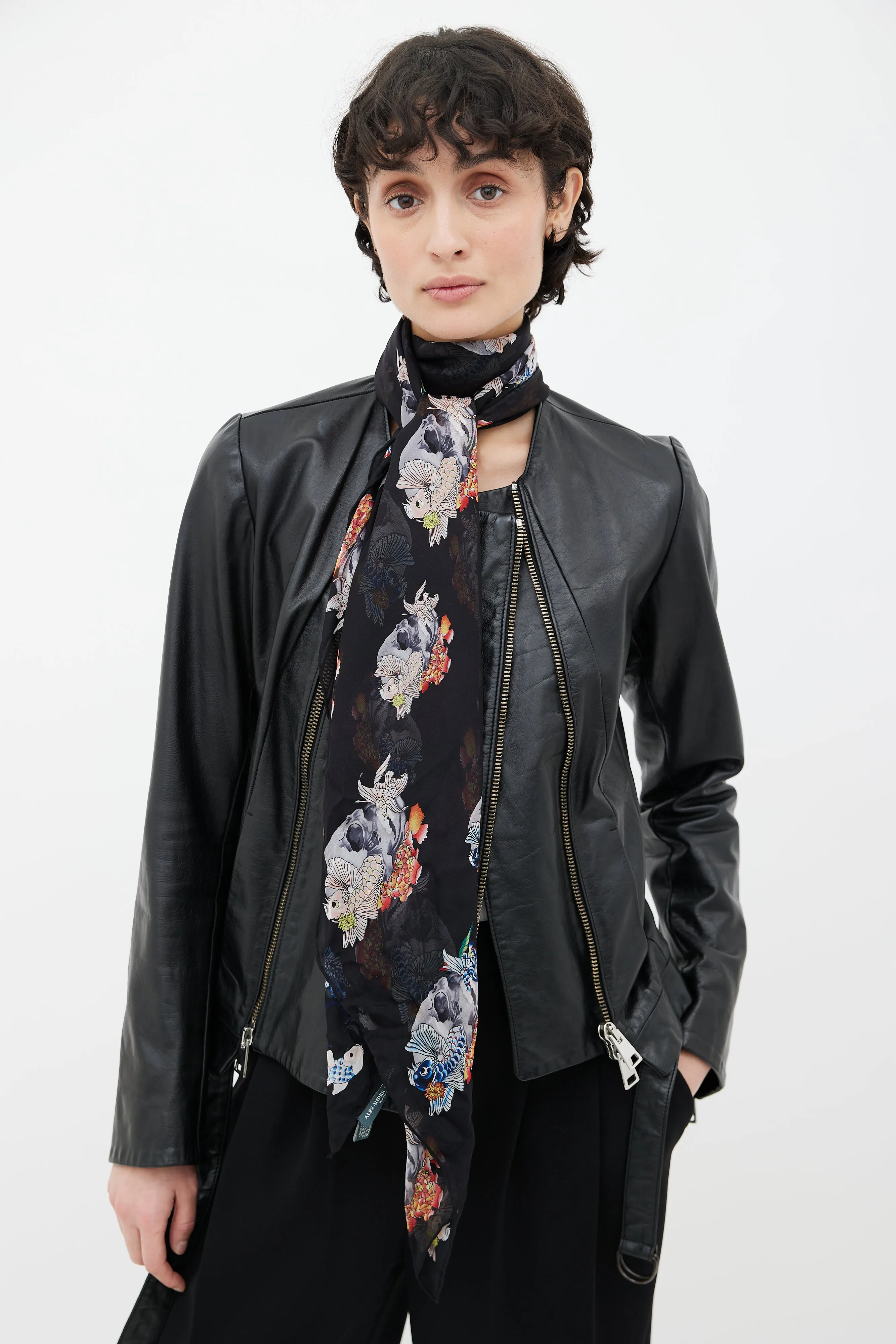 Black Multicolor Floral & Skull Scarf