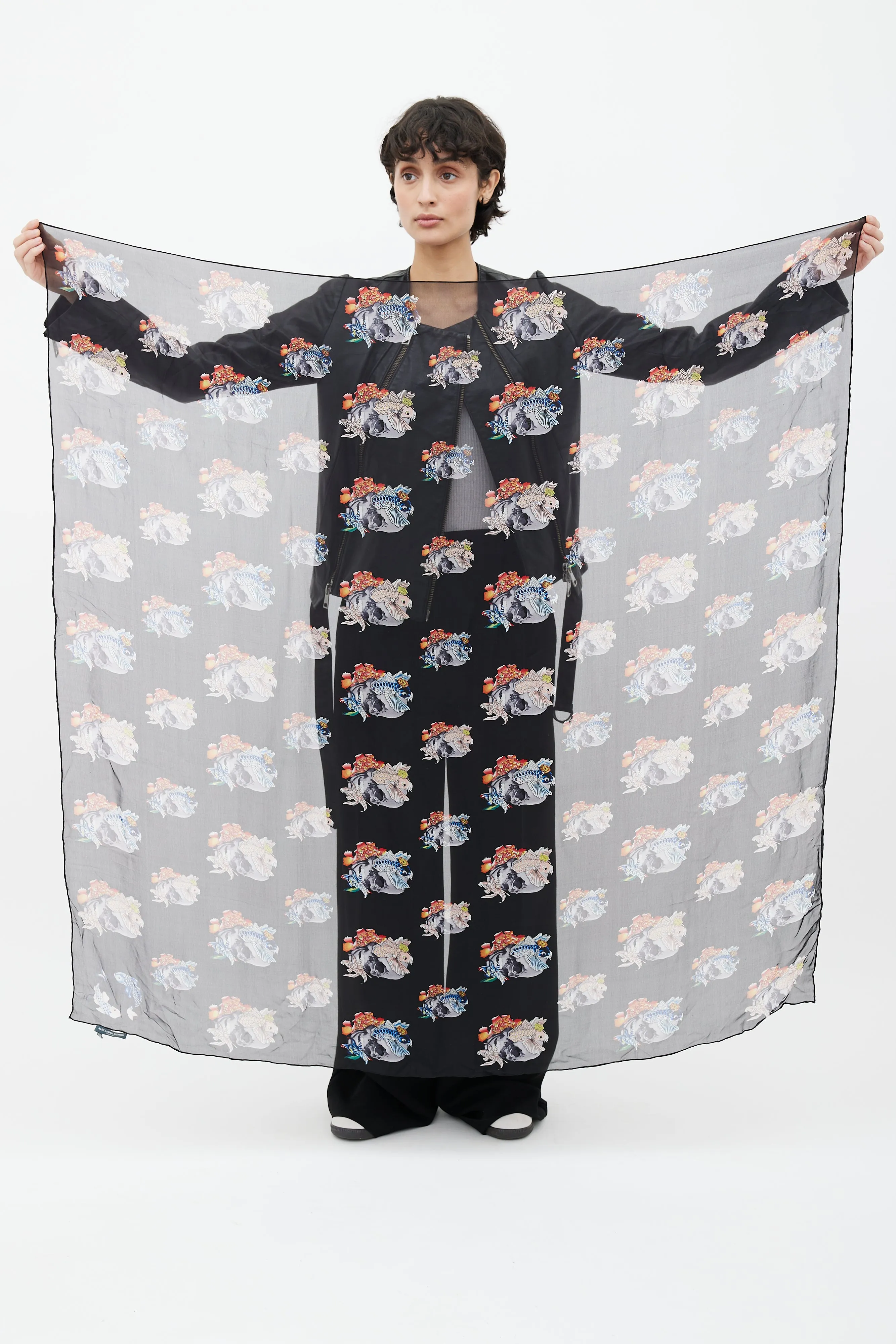 Black Multicolor Floral & Skull Scarf