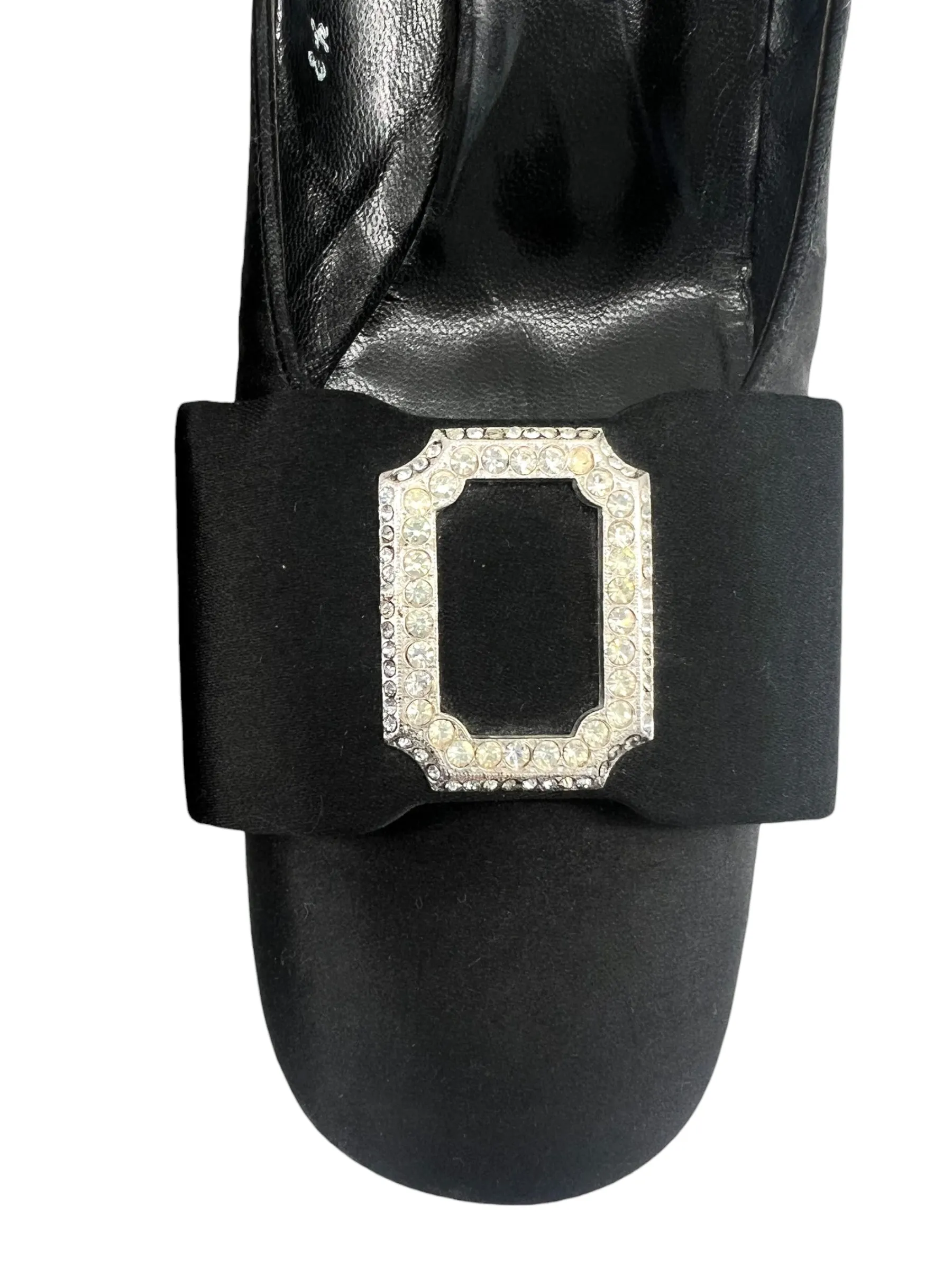 Christian Dior Late 60s Black Satin Bow Front Rhinestone Buckle Pumps, 8 1/2