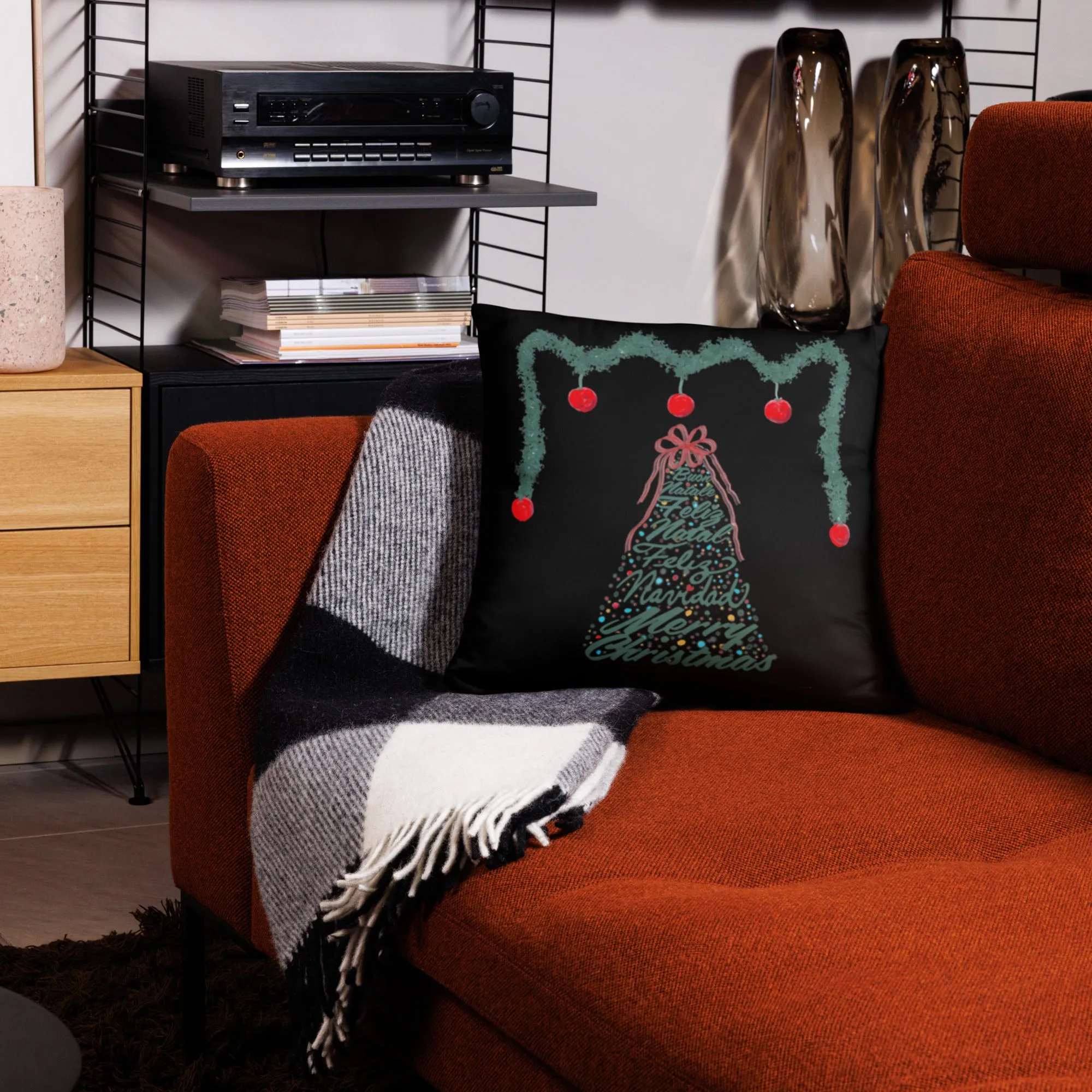 Christmas Tree-Multilingual Throw Pillow (Color: Black)