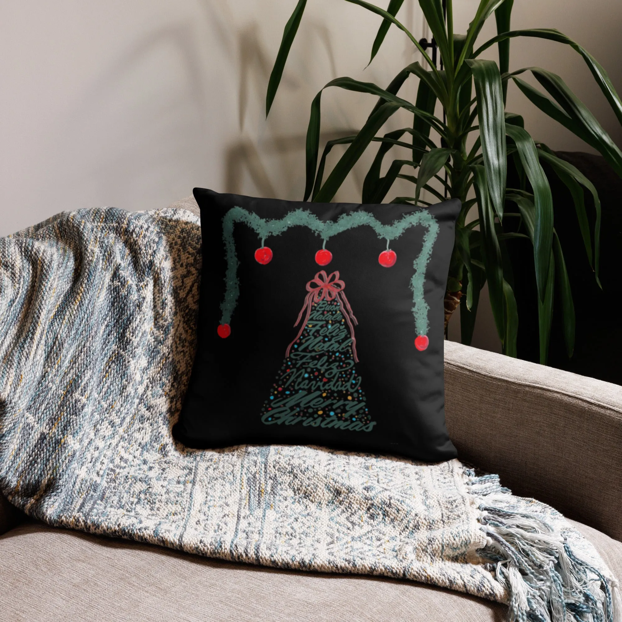Christmas Tree-Multilingual Throw Pillow (Color: Black)