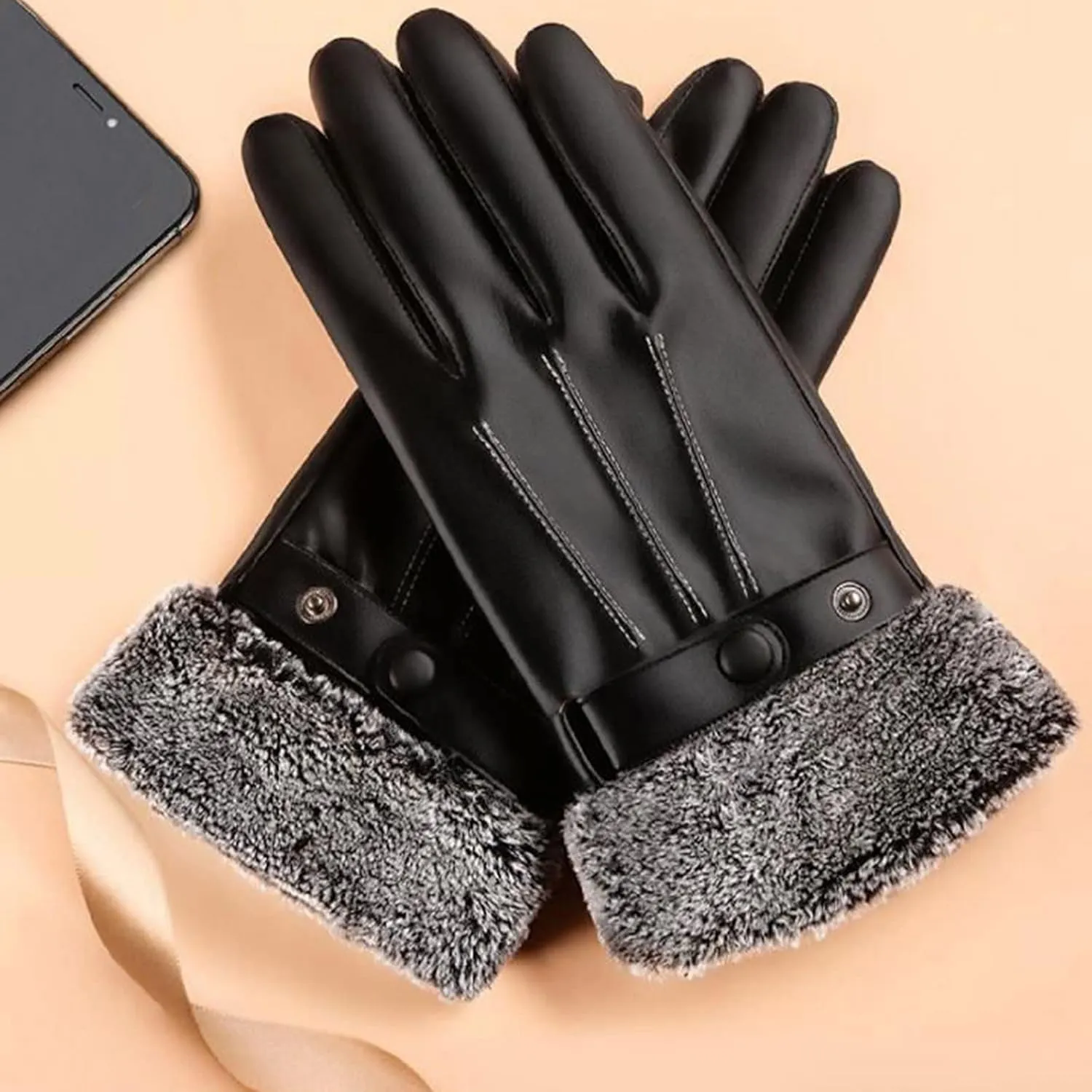 Driving Gloves Men Winter PU Screen Leather Gloves Mittens Black Waterproof Thermal Warm Glove Ski Gloves Mittens Men