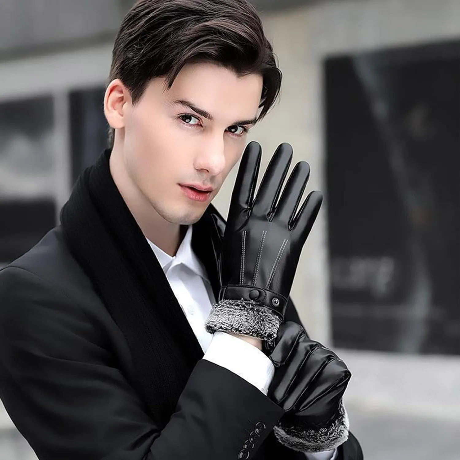 Driving Gloves Men Winter PU Screen Leather Gloves Mittens Black Waterproof Thermal Warm Glove Ski Gloves Mittens Men