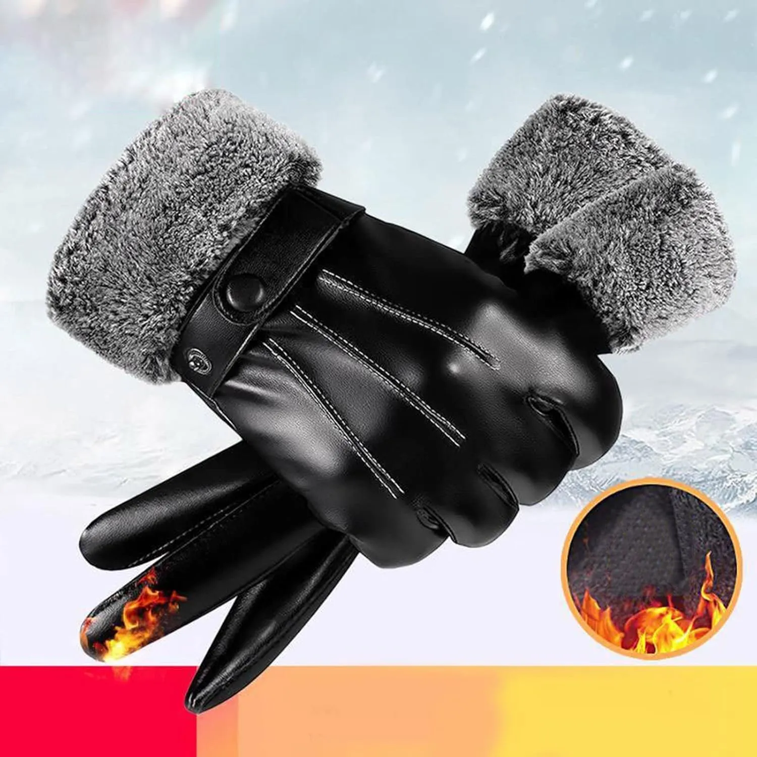 Driving Gloves Men Winter PU Screen Leather Gloves Mittens Black Waterproof Thermal Warm Glove Ski Gloves Mittens Men