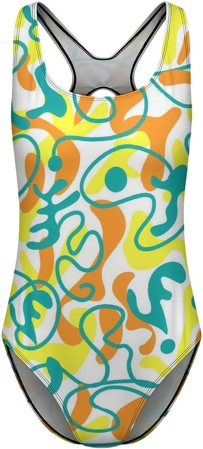 Funky Sunny Abstract Womens 1 Piece Swimsuit Strappy Scoop Neck Fashion Tummy Control Swimsuits