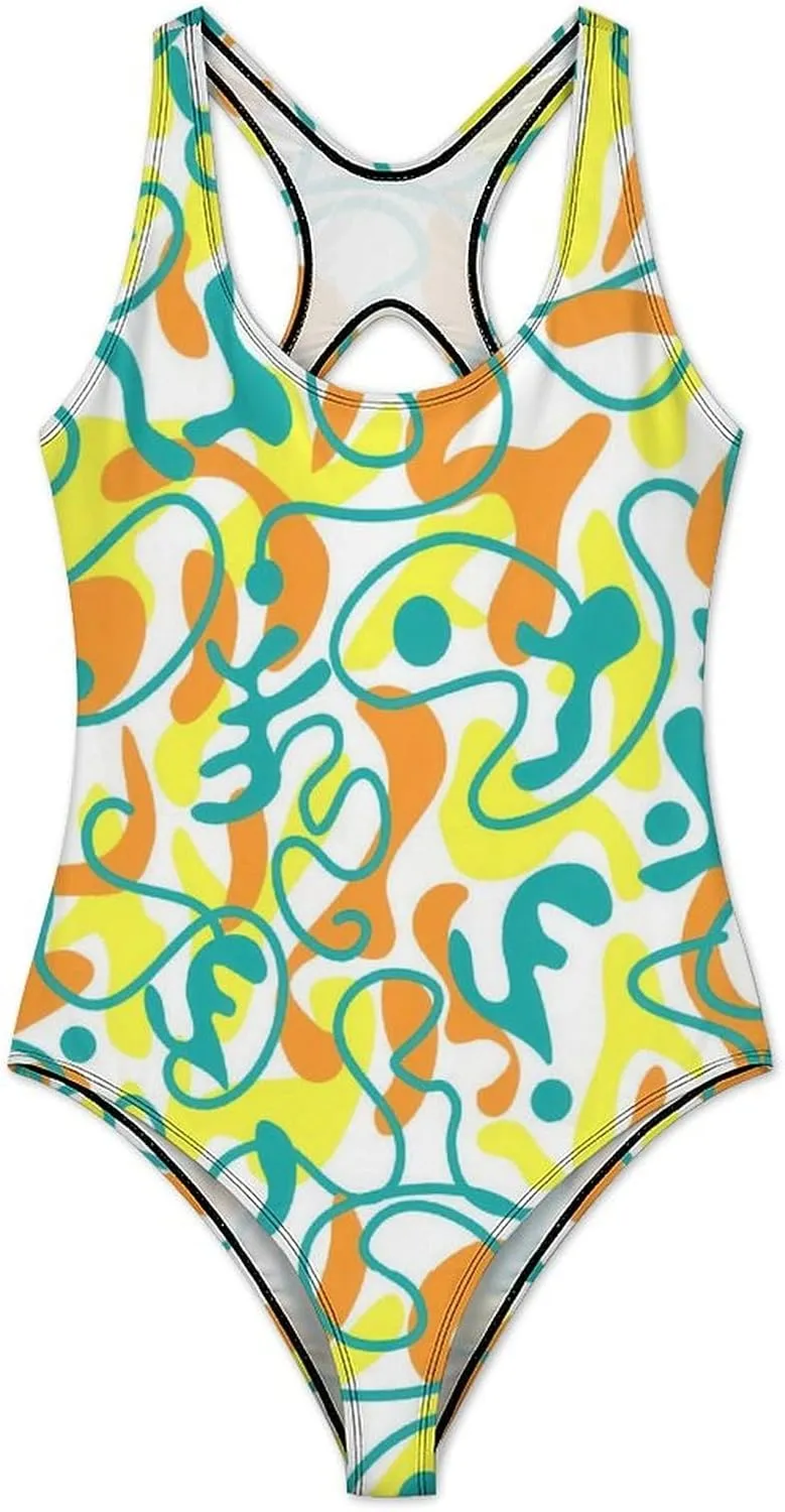 Funky Sunny Abstract Womens 1 Piece Swimsuit Strappy Scoop Neck Fashion Tummy Control Swimsuits