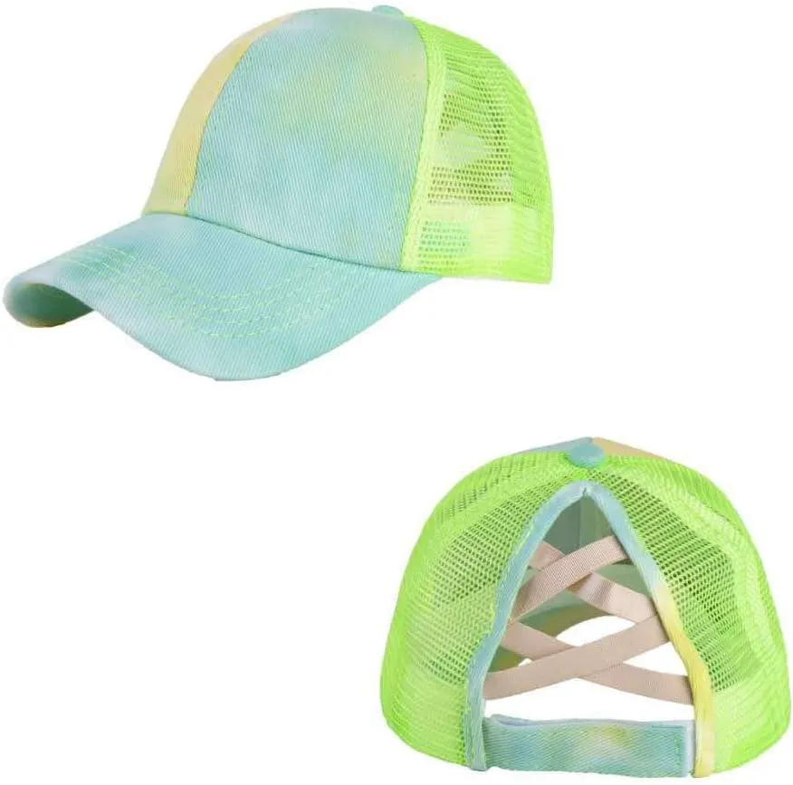 Girl's Criss Cross Trucker Hat Messy Bun High Ponytail Baseball Cap for Kids Ponycap