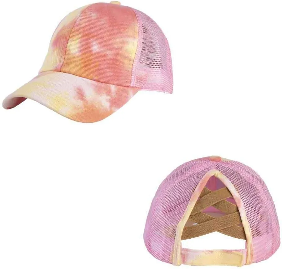 Girl's Criss Cross Trucker Hat Messy Bun High Ponytail Baseball Cap for Kids Ponycap