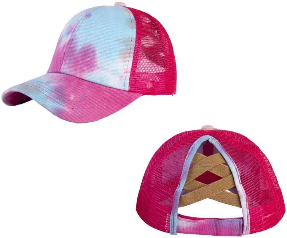 Girl's Criss Cross Trucker Hat Messy Bun High Ponytail Baseball Cap for Kids Ponycap