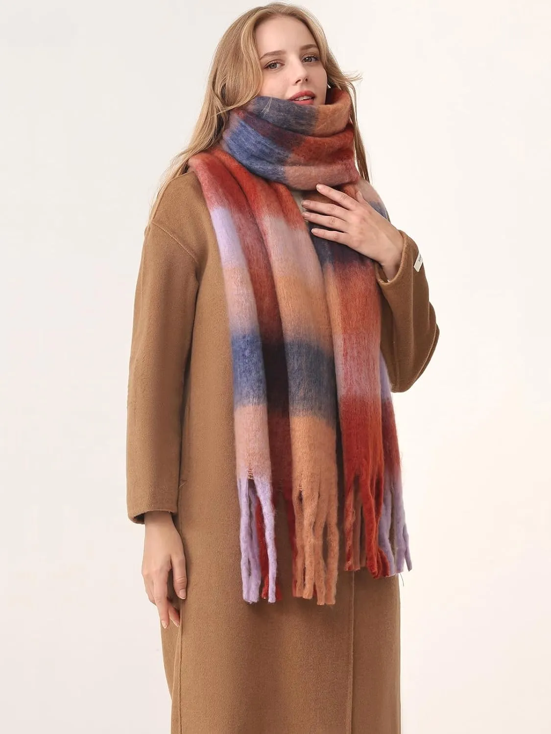 HOTIAN Women's Large Scarf Colorful Chunky Plaid Scarves Soft Winter Thick Tassel Warm Wrap Shawl