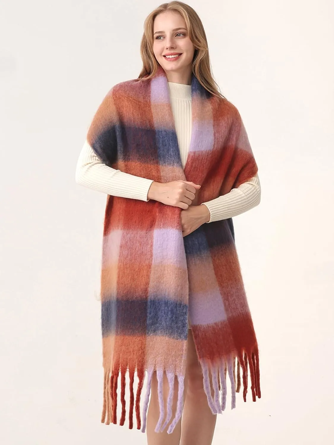 HOTIAN Women's Large Scarf Colorful Chunky Plaid Scarves Soft Winter Thick Tassel Warm Wrap Shawl