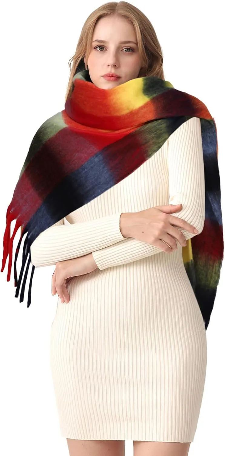 HOTIAN Women's Large Scarf Colorful Chunky Plaid Scarves Soft Winter Thick Tassel Warm Wrap Shawl