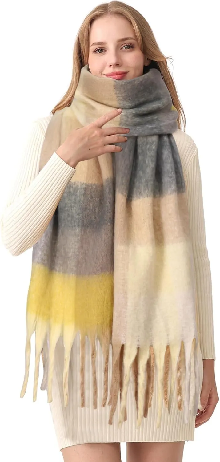 HOTIAN Women's Large Scarf Colorful Chunky Plaid Scarves Soft Winter Thick Tassel Warm Wrap Shawl
