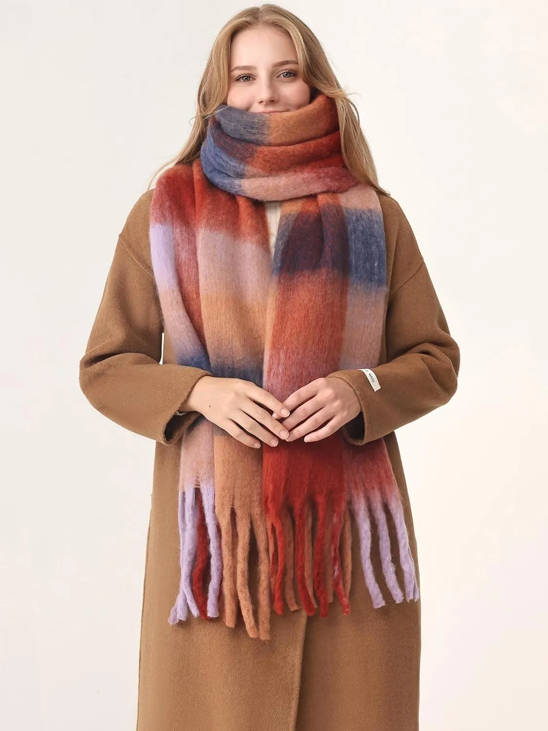 HOTIAN Women's Large Scarf Colorful Chunky Plaid Scarves Soft Winter Thick Tassel Warm Wrap Shawl