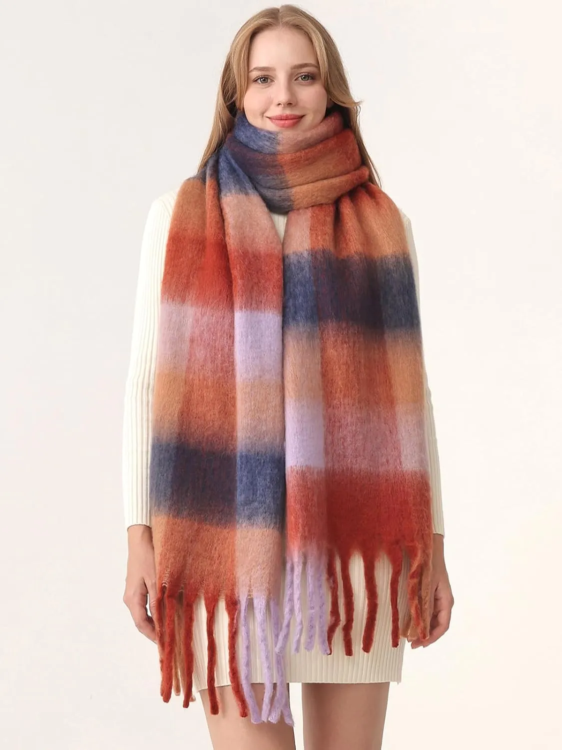 HOTIAN Women's Large Scarf Colorful Chunky Plaid Scarves Soft Winter Thick Tassel Warm Wrap Shawl