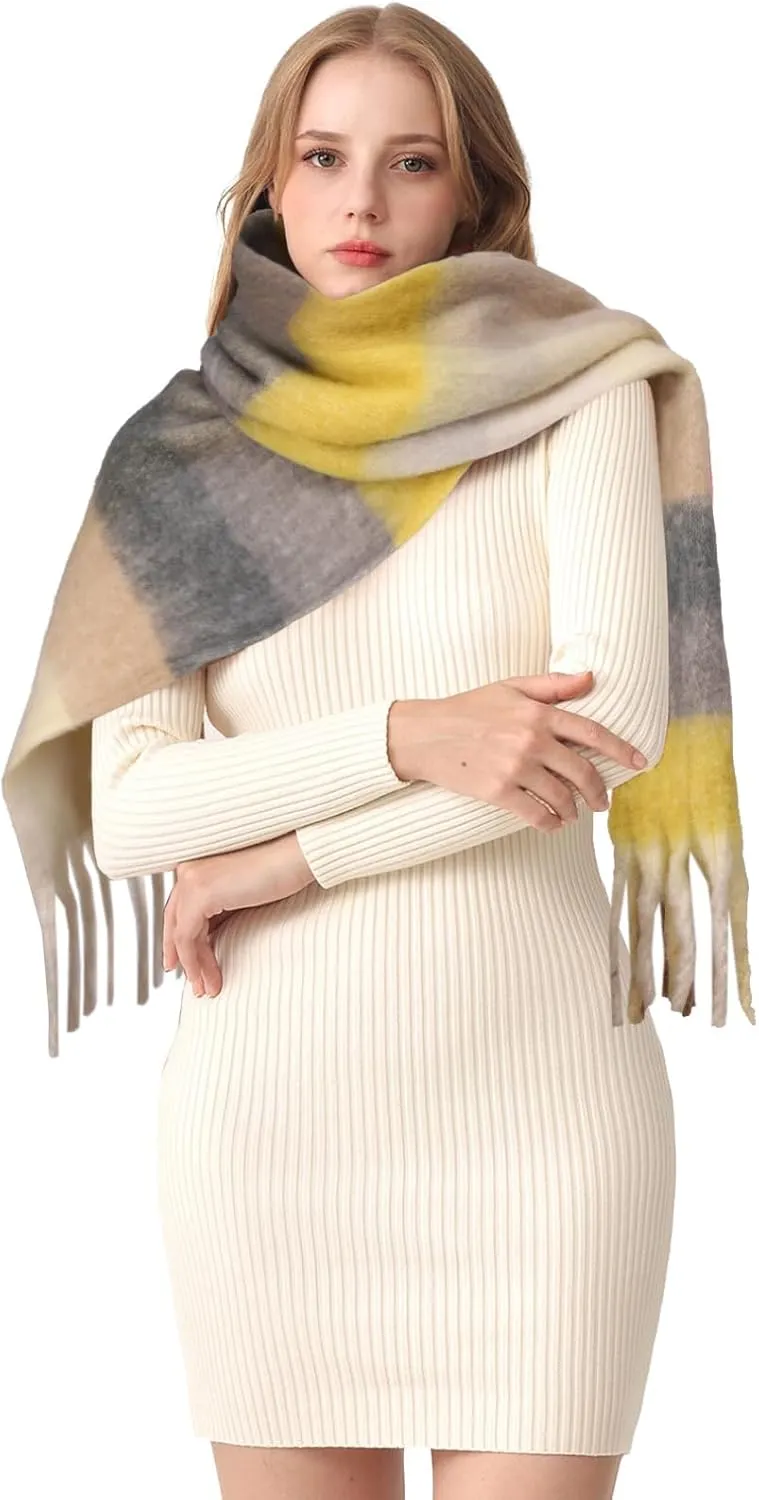 HOTIAN Women's Large Scarf Colorful Chunky Plaid Scarves Soft Winter Thick Tassel Warm Wrap Shawl