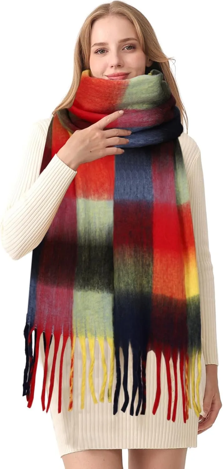 HOTIAN Women's Large Scarf Colorful Chunky Plaid Scarves Soft Winter Thick Tassel Warm Wrap Shawl