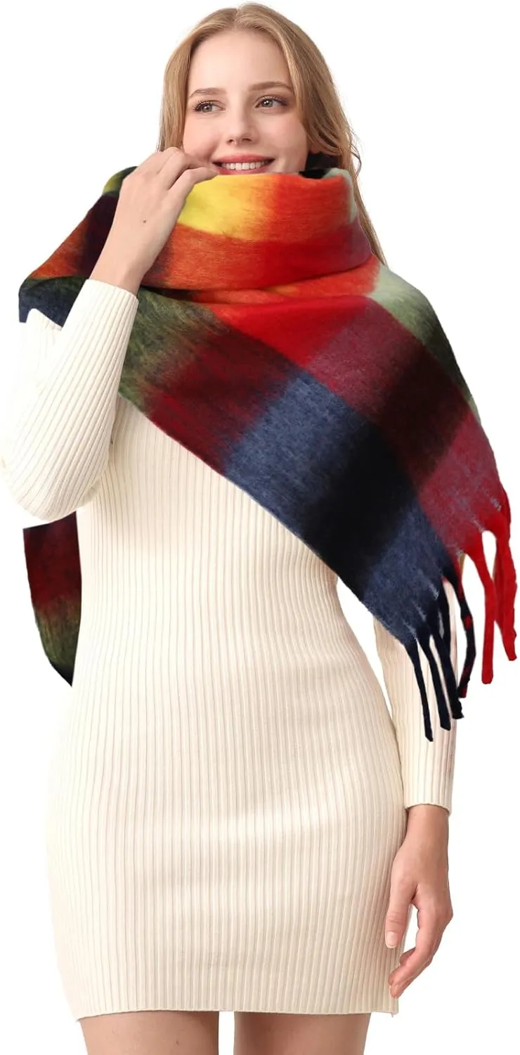 HOTIAN Women's Large Scarf Colorful Chunky Plaid Scarves Soft Winter Thick Tassel Warm Wrap Shawl