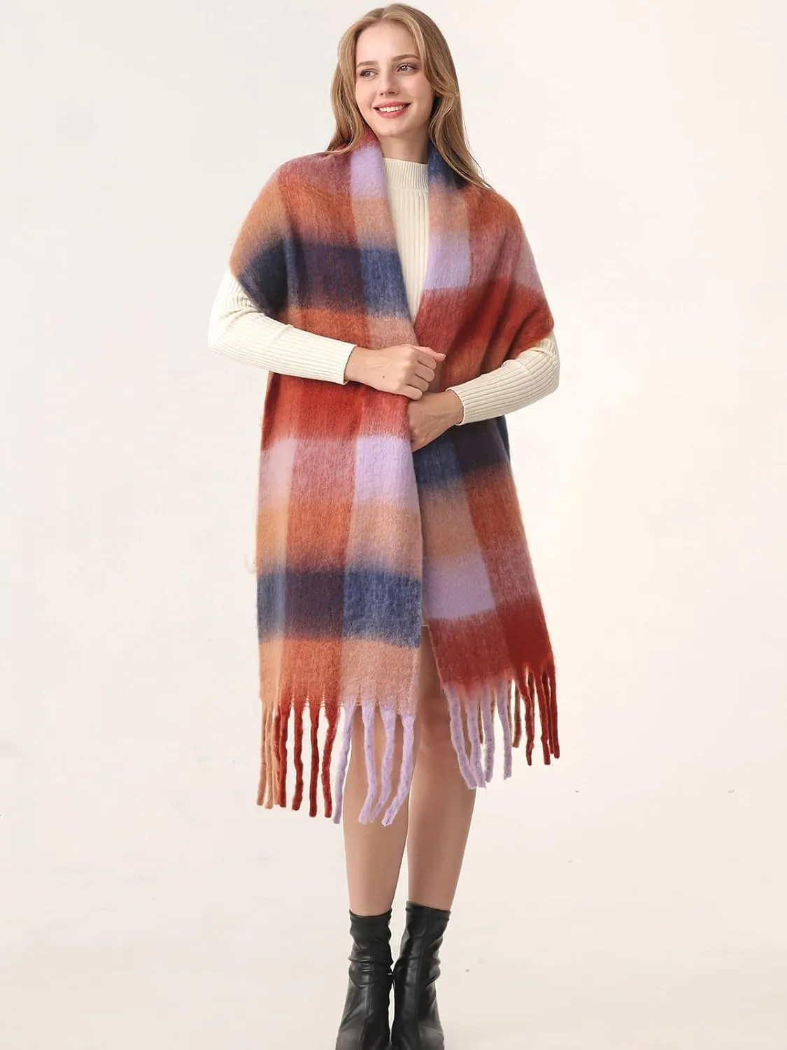 HOTIAN Women's Large Scarf Colorful Chunky Plaid Scarves Soft Winter Thick Tassel Warm Wrap Shawl