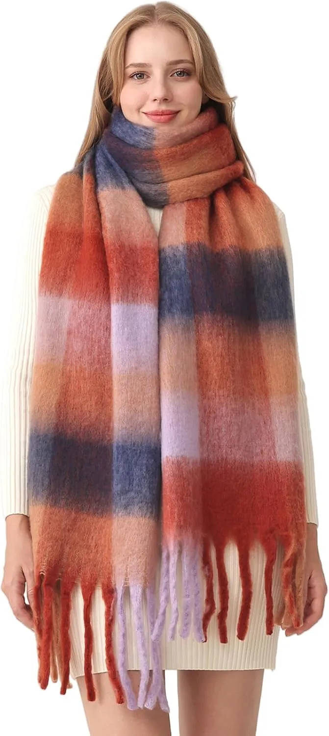 HOTIAN Women's Large Scarf Colorful Chunky Plaid Scarves Soft Winter Thick Tassel Warm Wrap Shawl