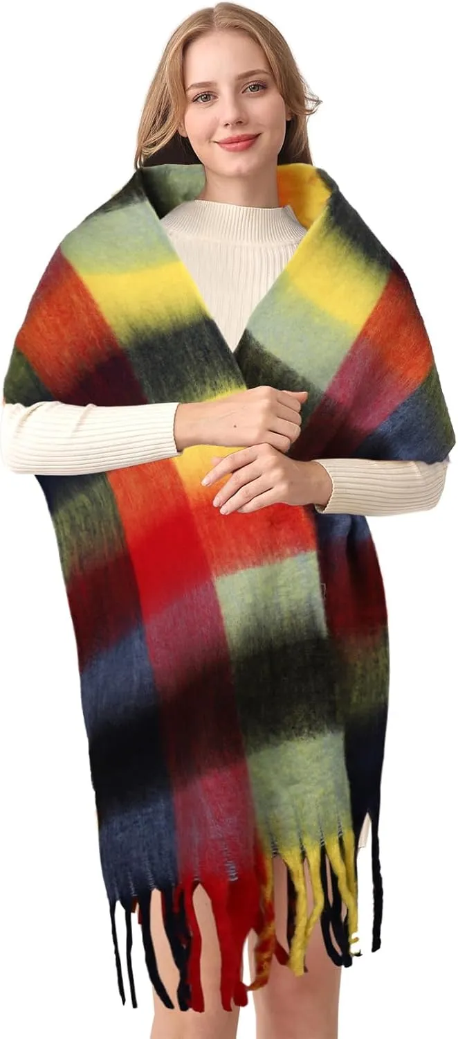 HOTIAN Women's Large Scarf Colorful Chunky Plaid Scarves Soft Winter Thick Tassel Warm Wrap Shawl