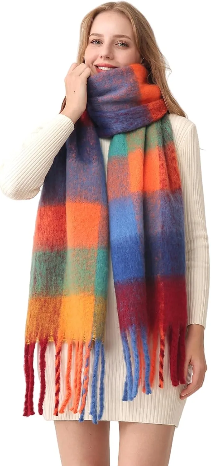 HOTIAN Women's Large Scarf Colorful Chunky Plaid Scarves Soft Winter Thick Tassel Warm Wrap Shawl