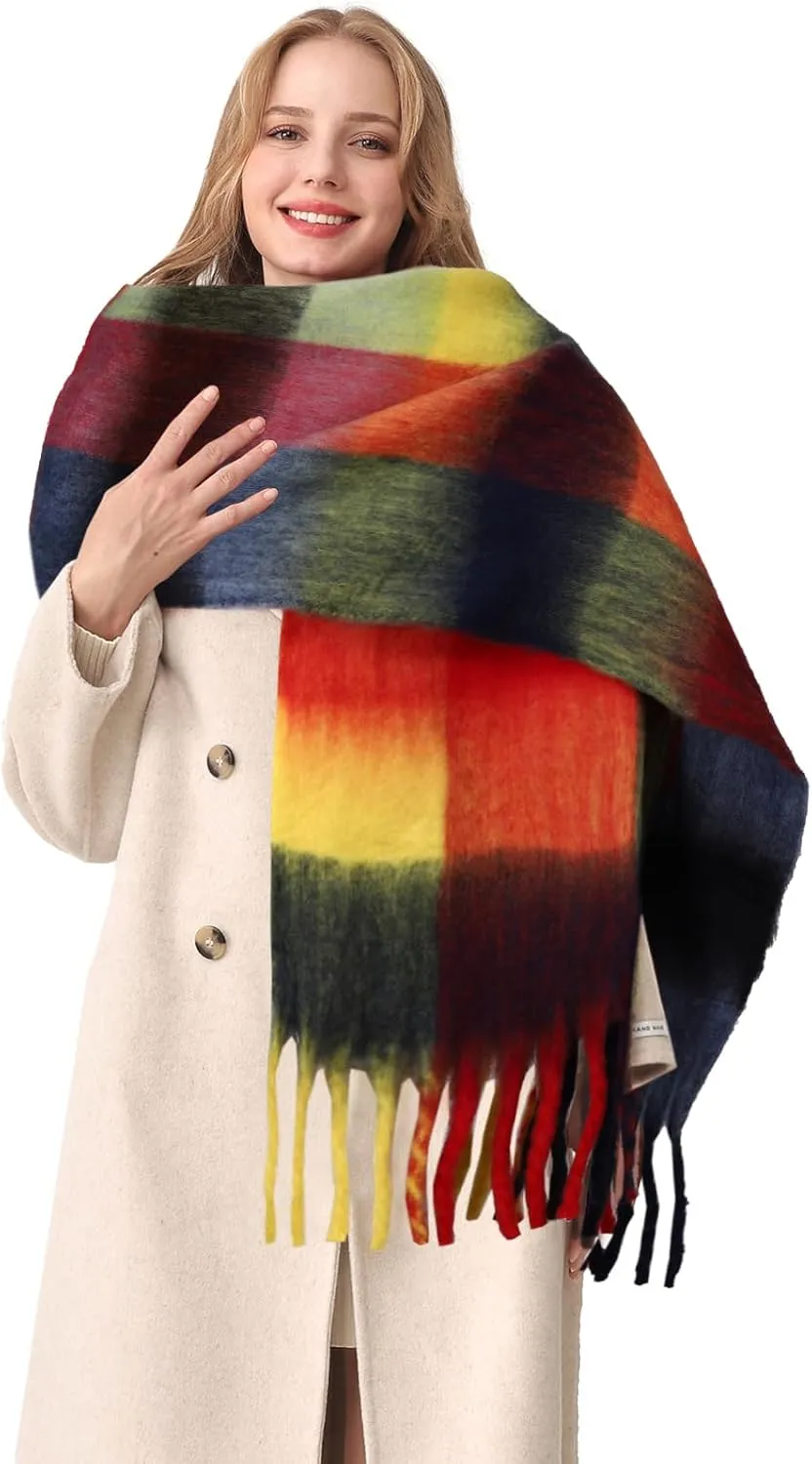 HOTIAN Women's Large Scarf Colorful Chunky Plaid Scarves Soft Winter Thick Tassel Warm Wrap Shawl