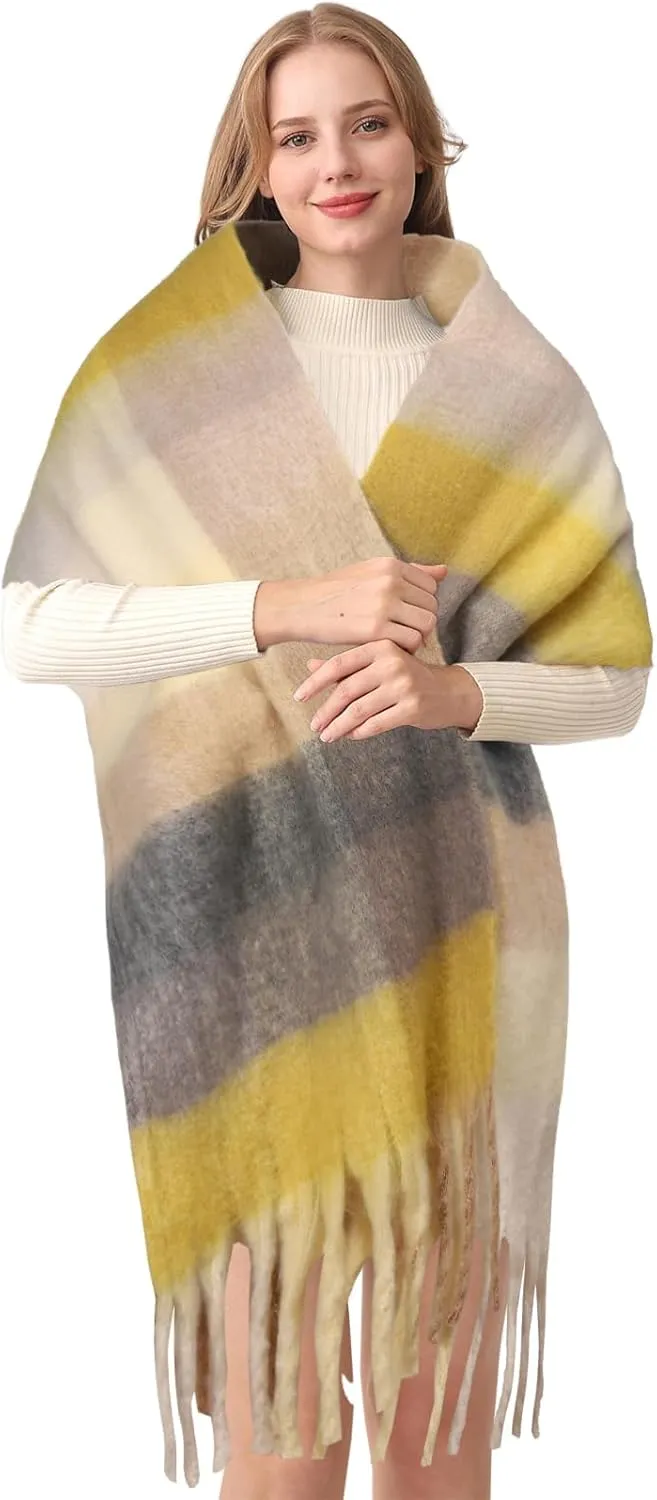HOTIAN Women's Large Scarf Colorful Chunky Plaid Scarves Soft Winter Thick Tassel Warm Wrap Shawl