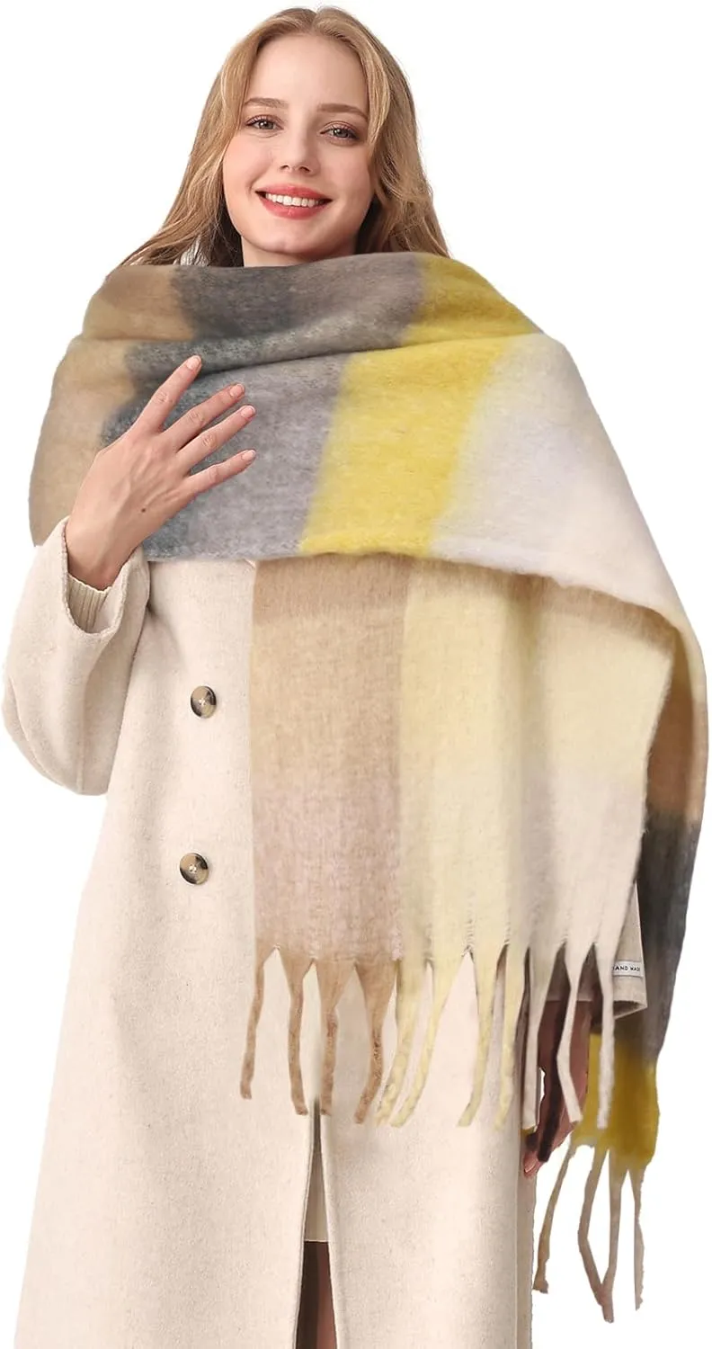 HOTIAN Women's Large Scarf Colorful Chunky Plaid Scarves Soft Winter Thick Tassel Warm Wrap Shawl