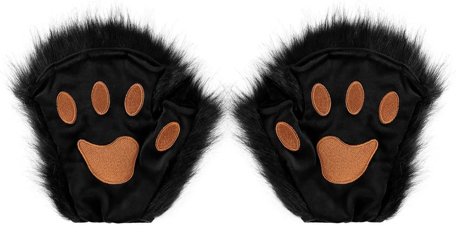 ikasus Cosplay Animal Fingerless Fursuit Paws for Adult Furry Bear Cat Wolf Dog Gloves Party Halloween Cosplay Costume, Black