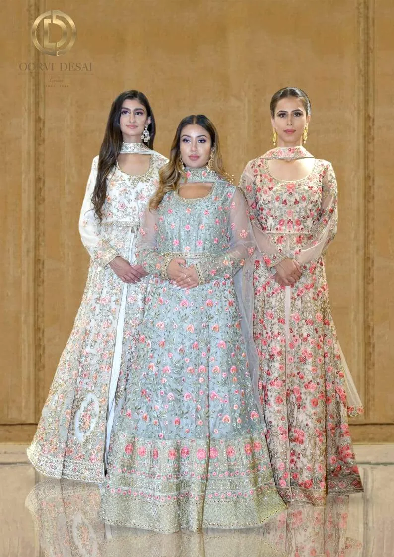 Light Grey Anarkali Set with Pink Reshamwork and Dupatta