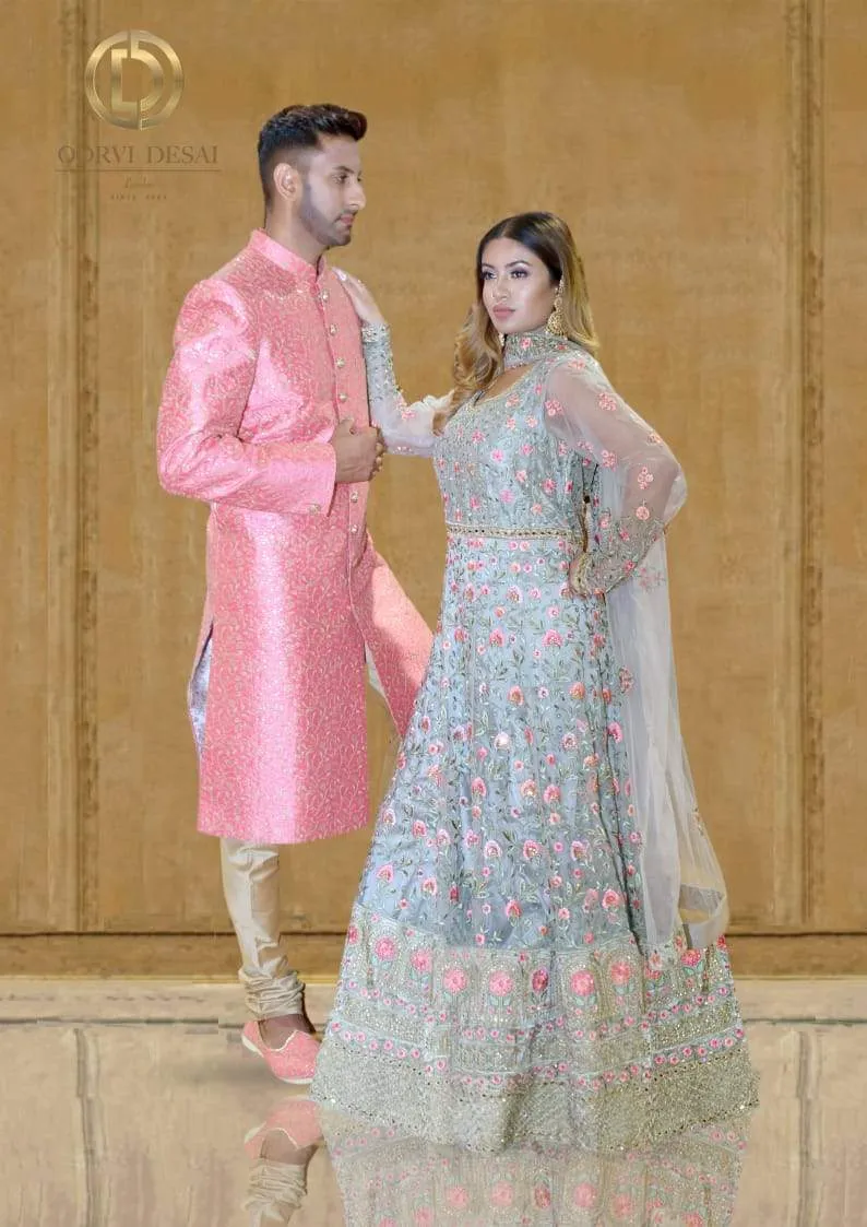 Light Grey Anarkali Set with Pink Reshamwork and Dupatta