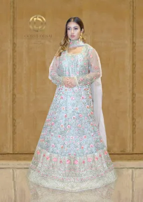 Light Grey Anarkali Set with Pink Reshamwork and Dupatta