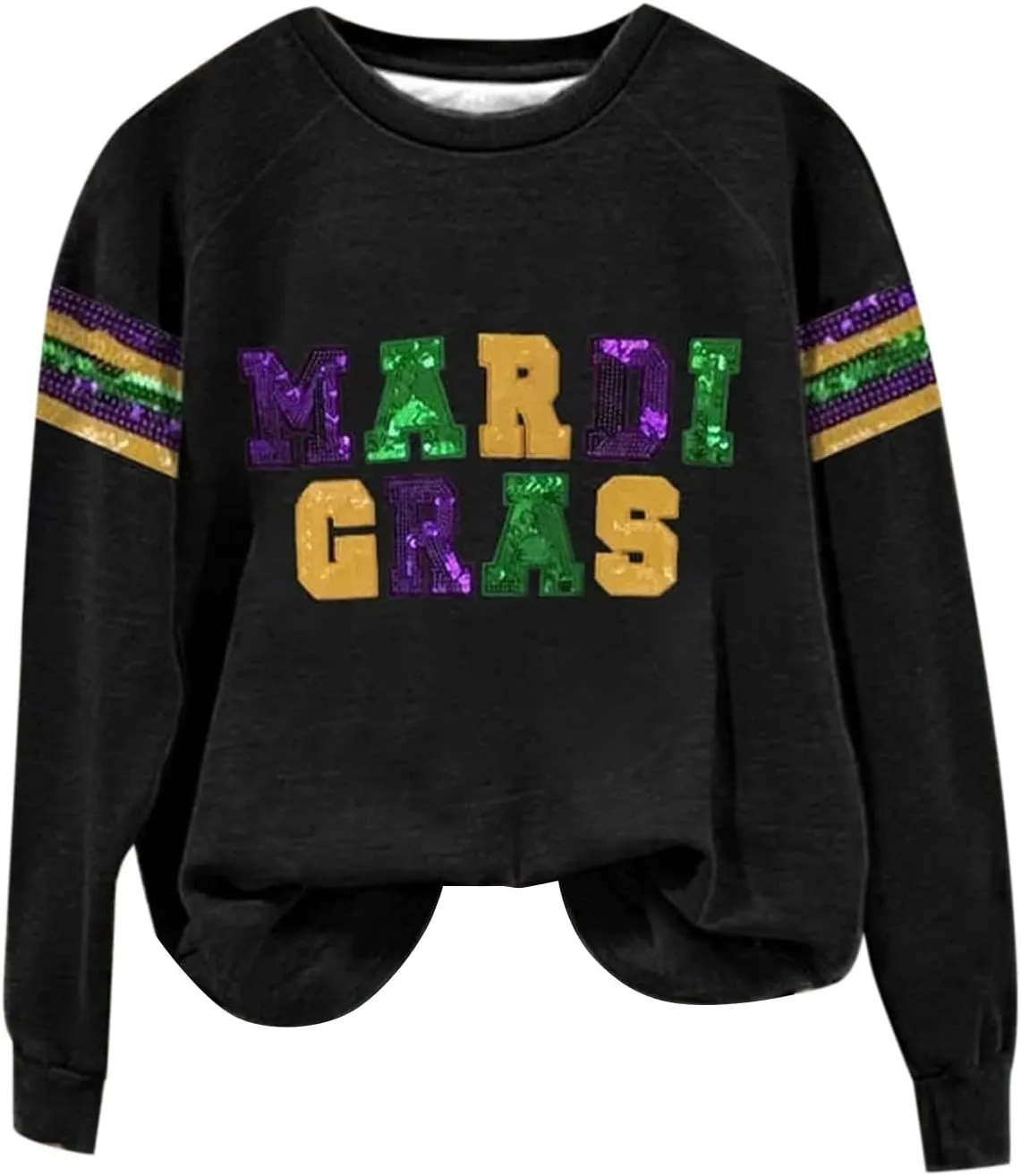 Mardi Gras Shirts for Women 2024 Casual Long Sleeve Sequin Sparkly Printed Crewneck Sweatshirts Ralgan Pullover Tops