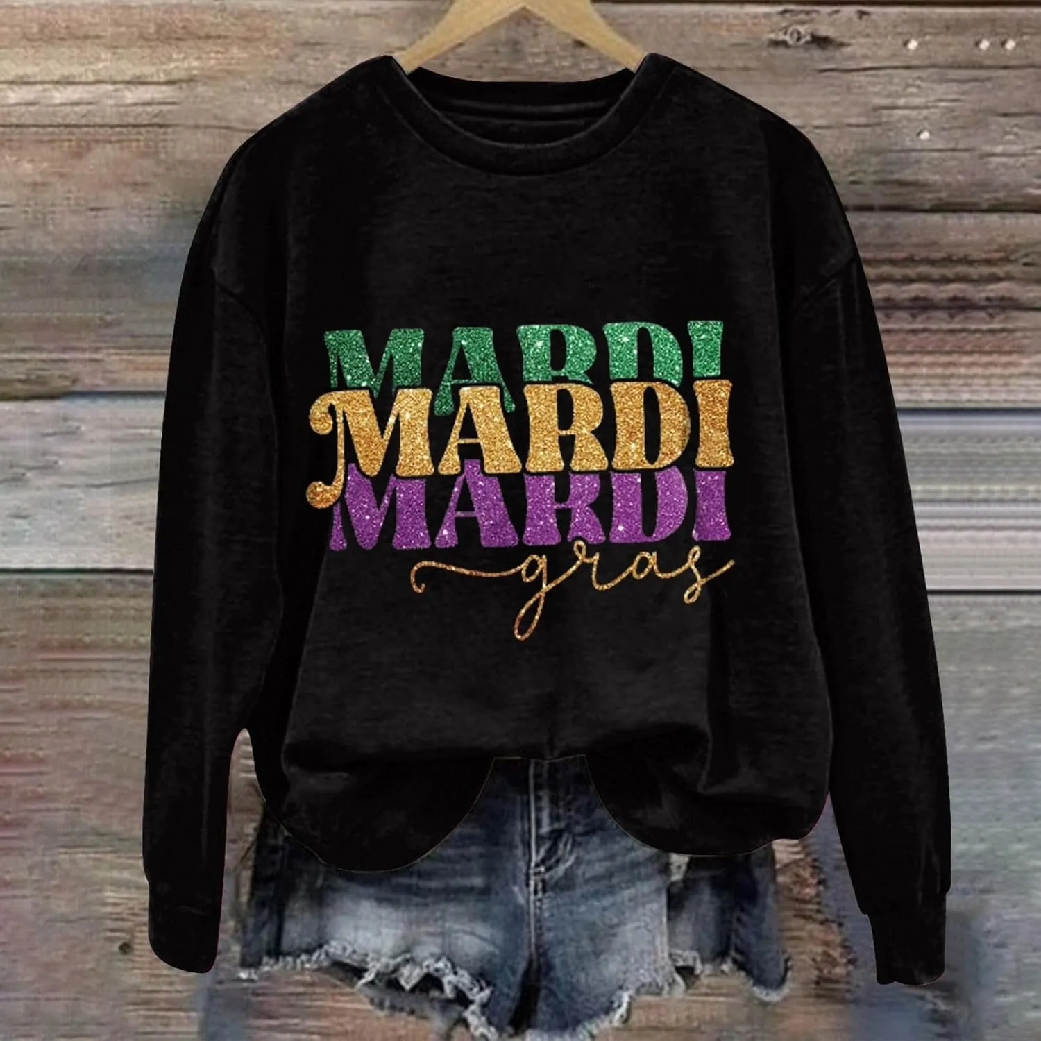 Mardi Gras Shirts for Women 2024 Casual Long Sleeve Sequin Sparkly Printed Crewneck Sweatshirts Ralgan Pullover Tops