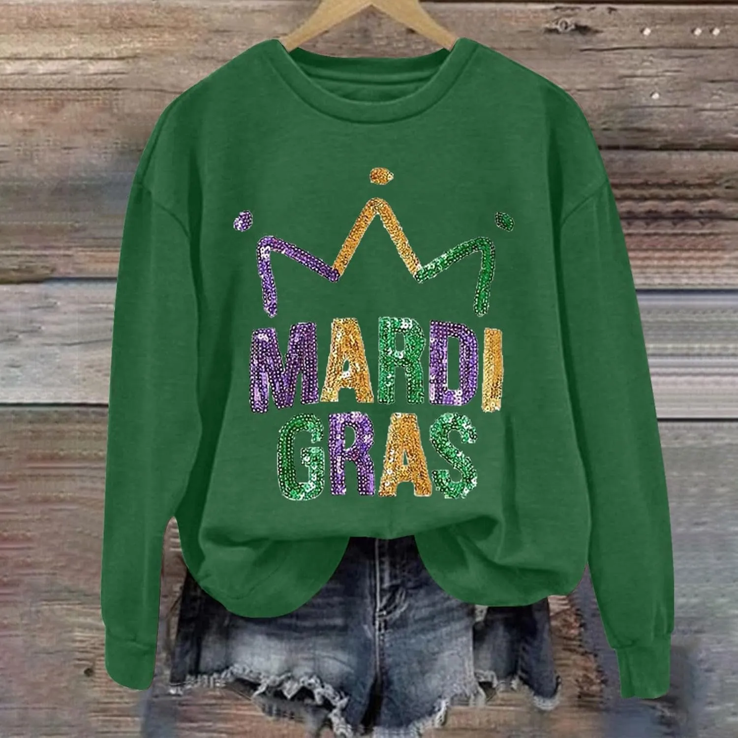 Mardi Gras Shirts for Women 2024 Casual Long Sleeve Sequin Sparkly Printed Crewneck Sweatshirts Ralgan Pullover Tops