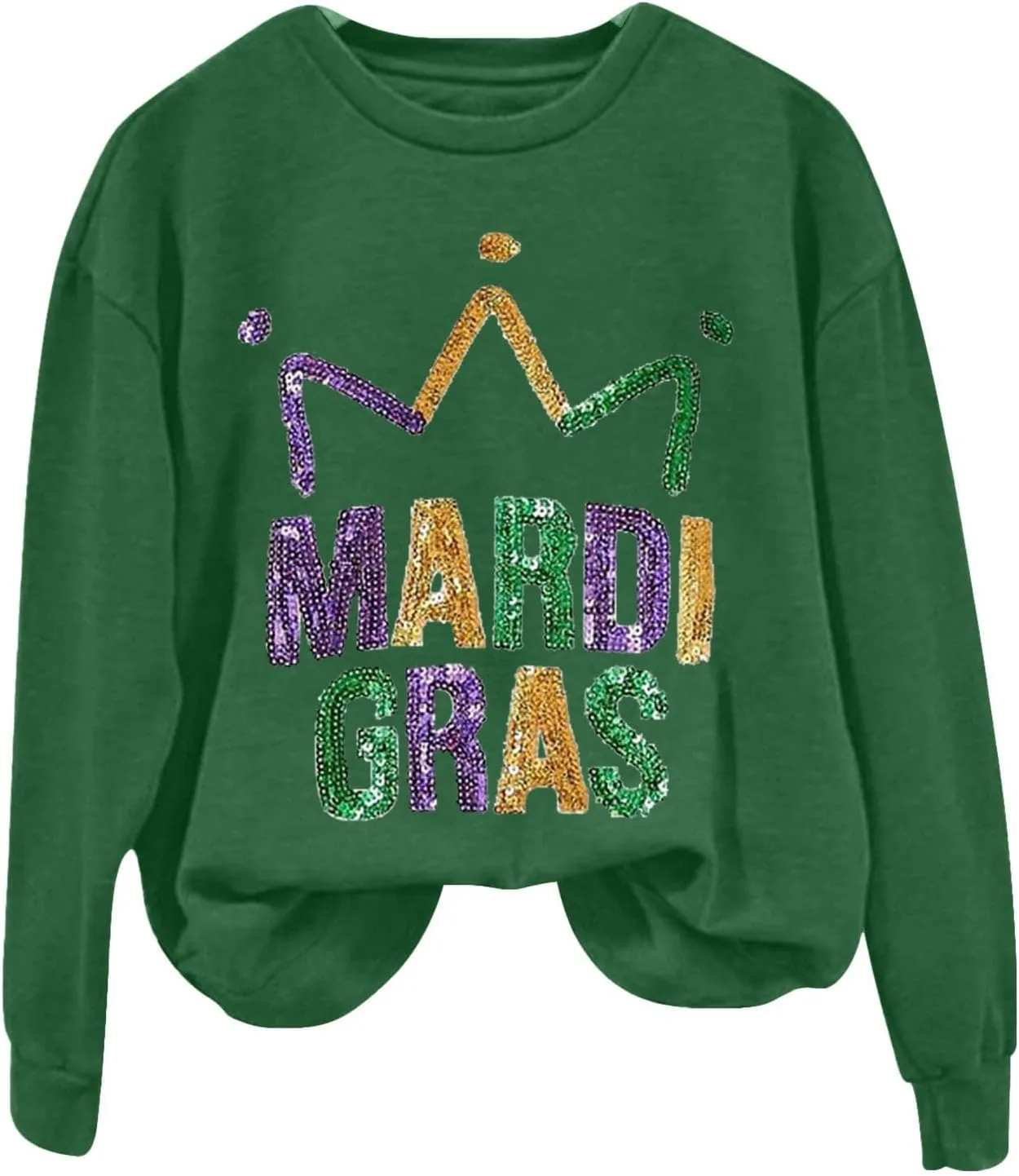 Mardi Gras Shirts for Women 2024 Casual Long Sleeve Sequin Sparkly Printed Crewneck Sweatshirts Ralgan Pullover Tops