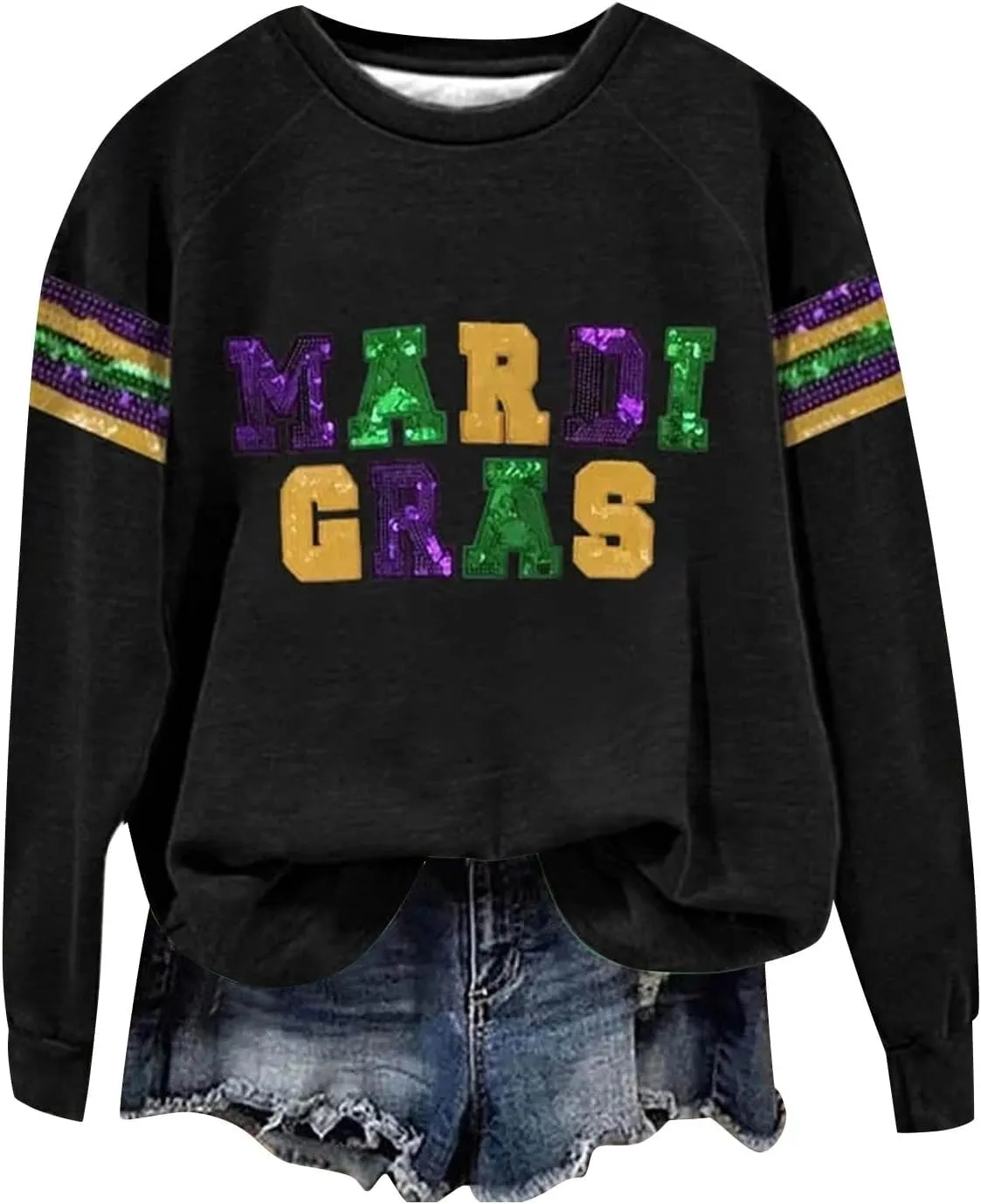 Mardi Gras Shirts for Women 2024 Casual Long Sleeve Sequin Sparkly Printed Crewneck Sweatshirts Ralgan Pullover Tops