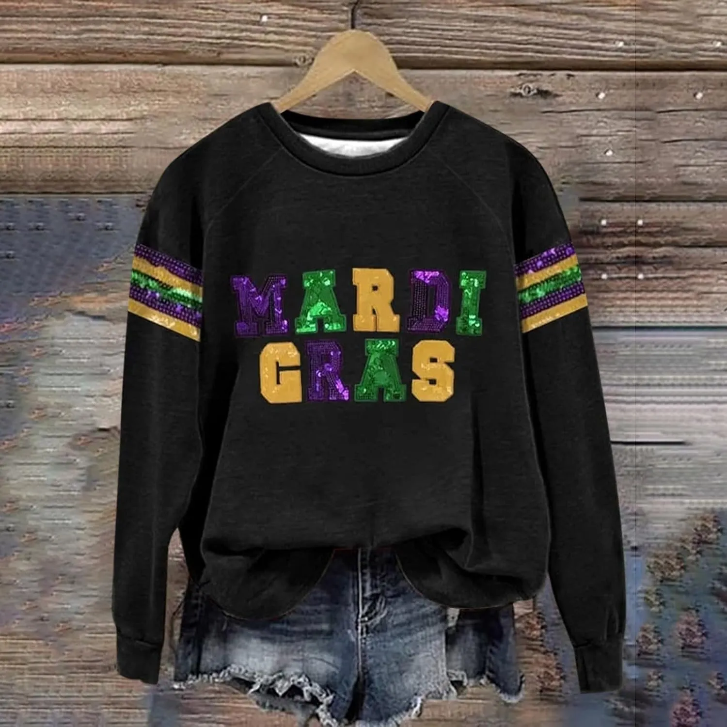Mardi Gras Shirts for Women 2024 Casual Long Sleeve Sequin Sparkly Printed Crewneck Sweatshirts Ralgan Pullover Tops