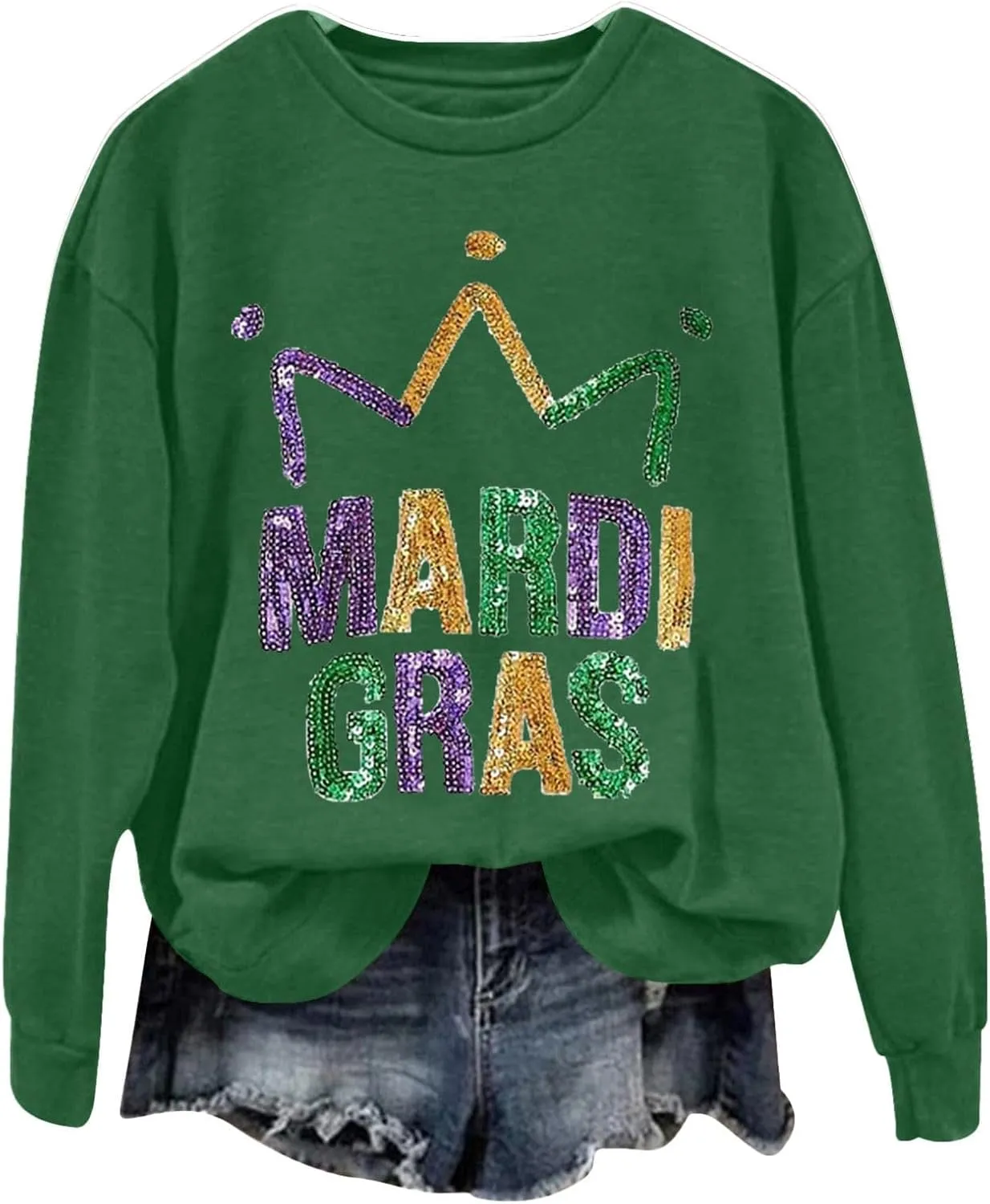 Mardi Gras Shirts for Women 2024 Casual Long Sleeve Sequin Sparkly Printed Crewneck Sweatshirts Ralgan Pullover Tops