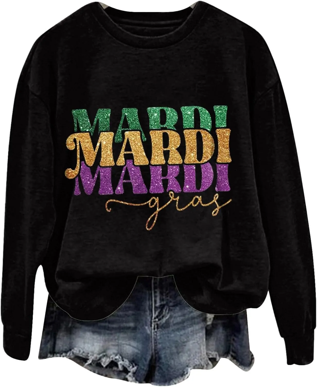 Mardi Gras Shirts for Women 2024 Casual Long Sleeve Sequin Sparkly Printed Crewneck Sweatshirts Ralgan Pullover Tops