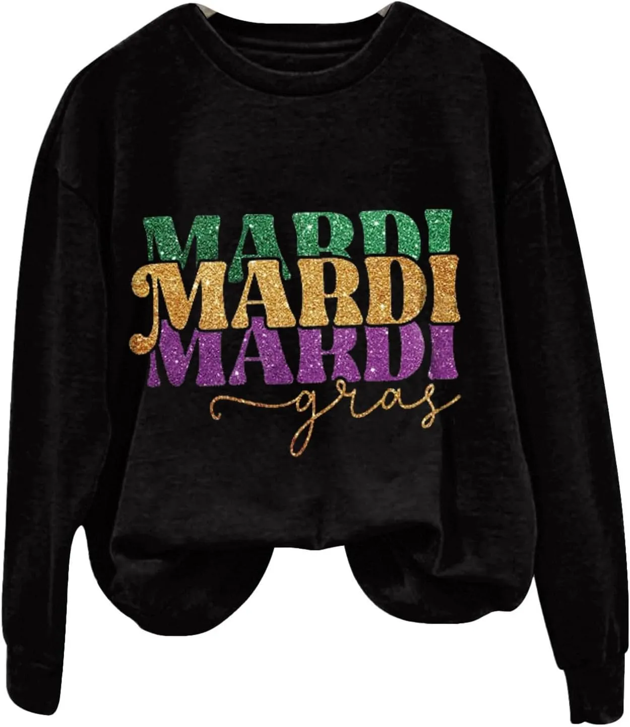 Mardi Gras Shirts for Women 2024 Casual Long Sleeve Sequin Sparkly Printed Crewneck Sweatshirts Ralgan Pullover Tops